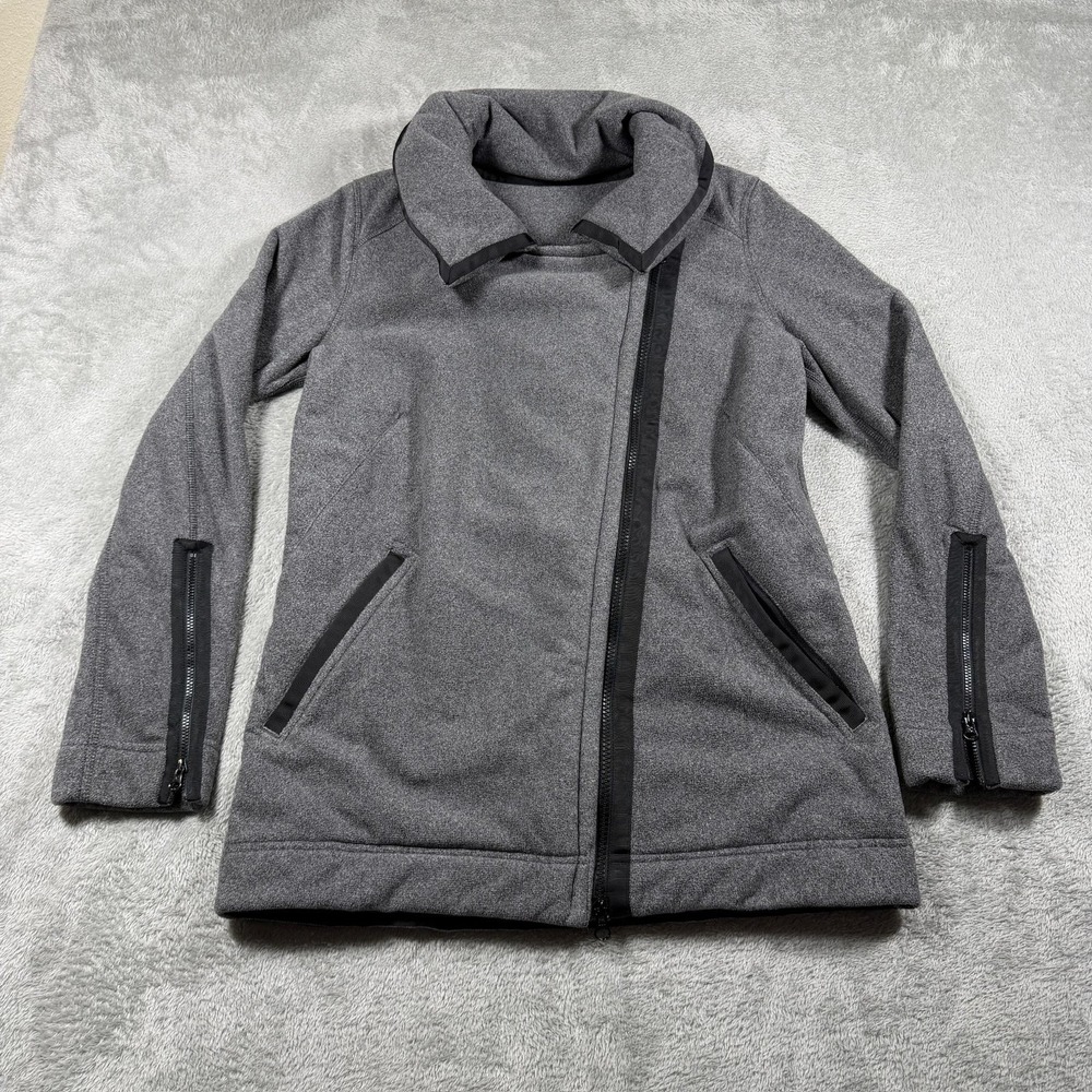 Lululemon Moto Jacket Womens 6 Gray Fleece Asymmetrical Zip Funnel Collar Winter